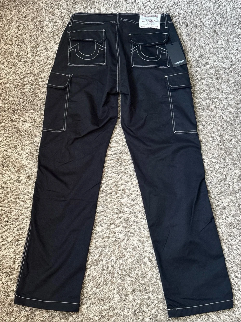 True Religion Black Cargo Pants with White Contrast Stitching